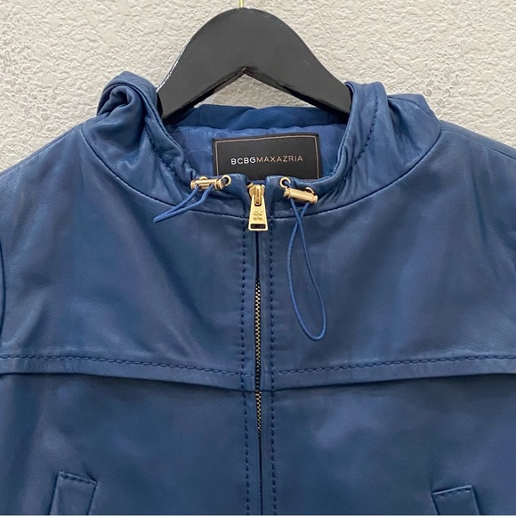 BCBGMaxAzria Blue Cropped Hooded 100% Leather Jacket Size XS - Picture 14 of 16